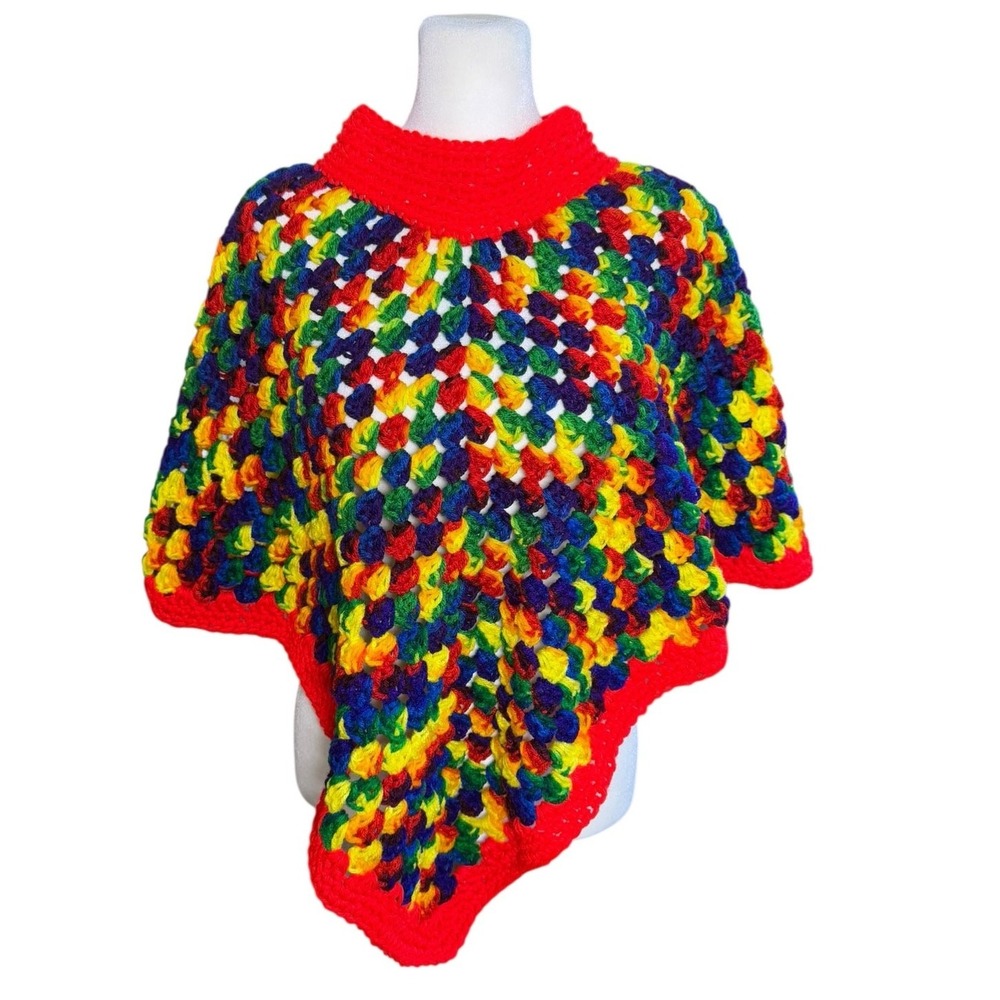 Vintage 70s Crochet Poncho Kids Rainbow Chunky Knit Boho Handmade Cape - Picture 2 of 10